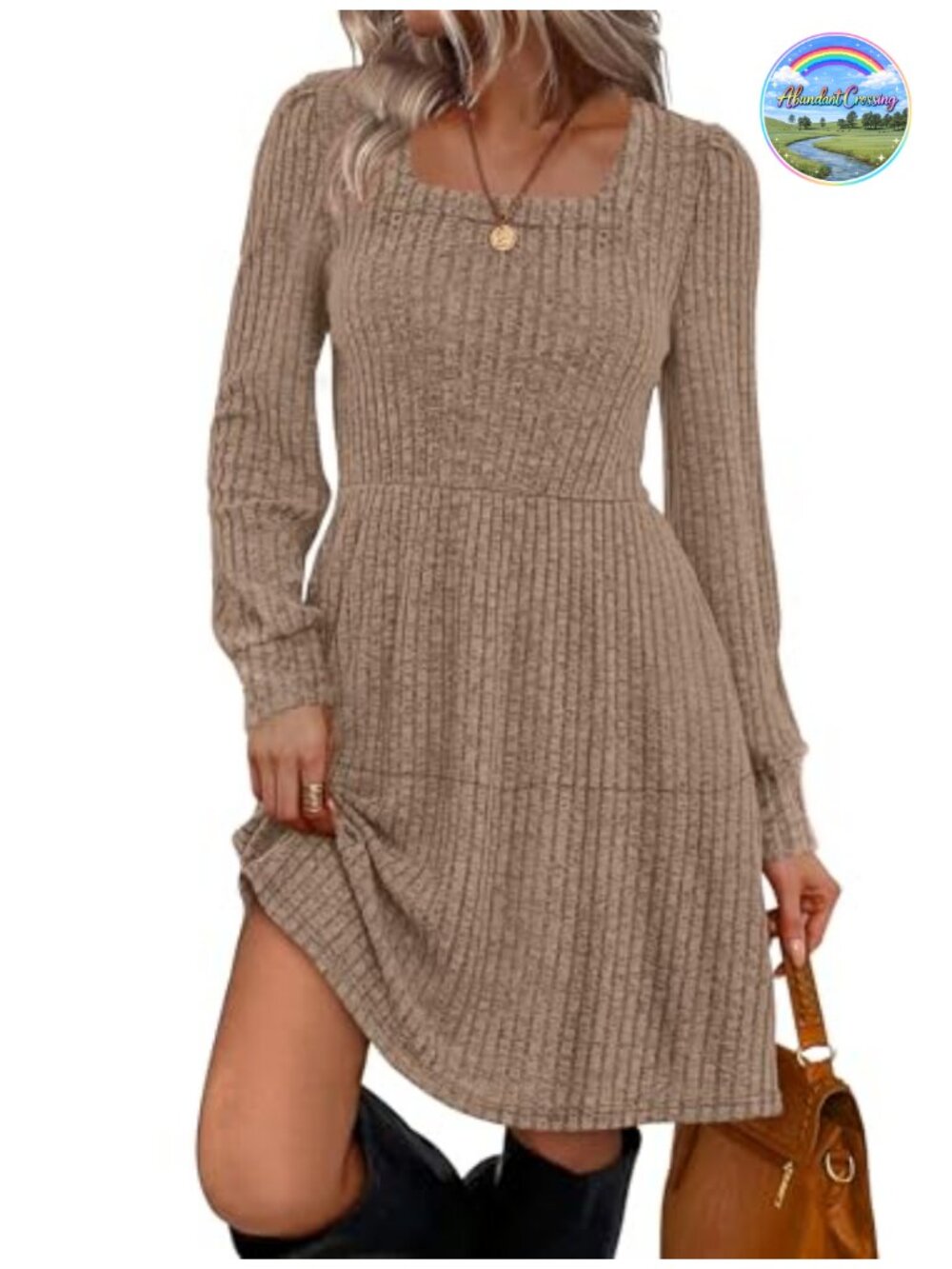 Square Neck Babydoll Sweater Dress Long Sleeve Casual Fall Tunic Dress